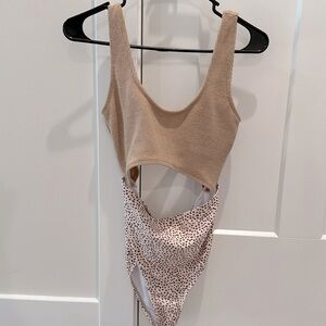 Printed beige and brown one piece swimsuit